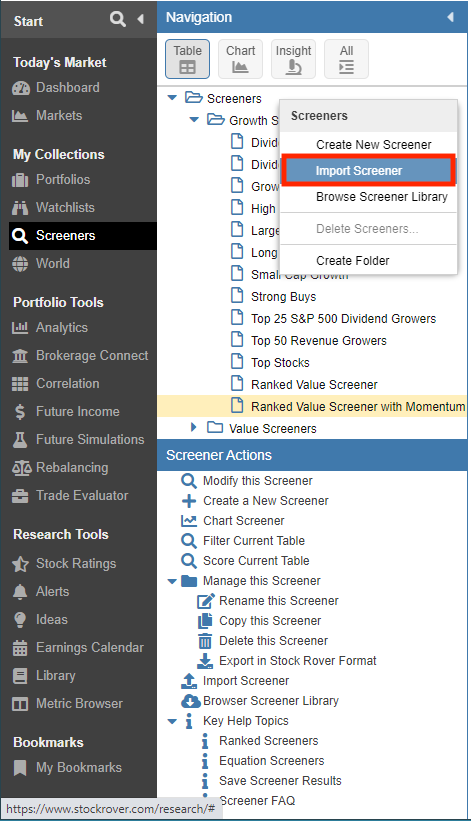 import screener from navigation panel